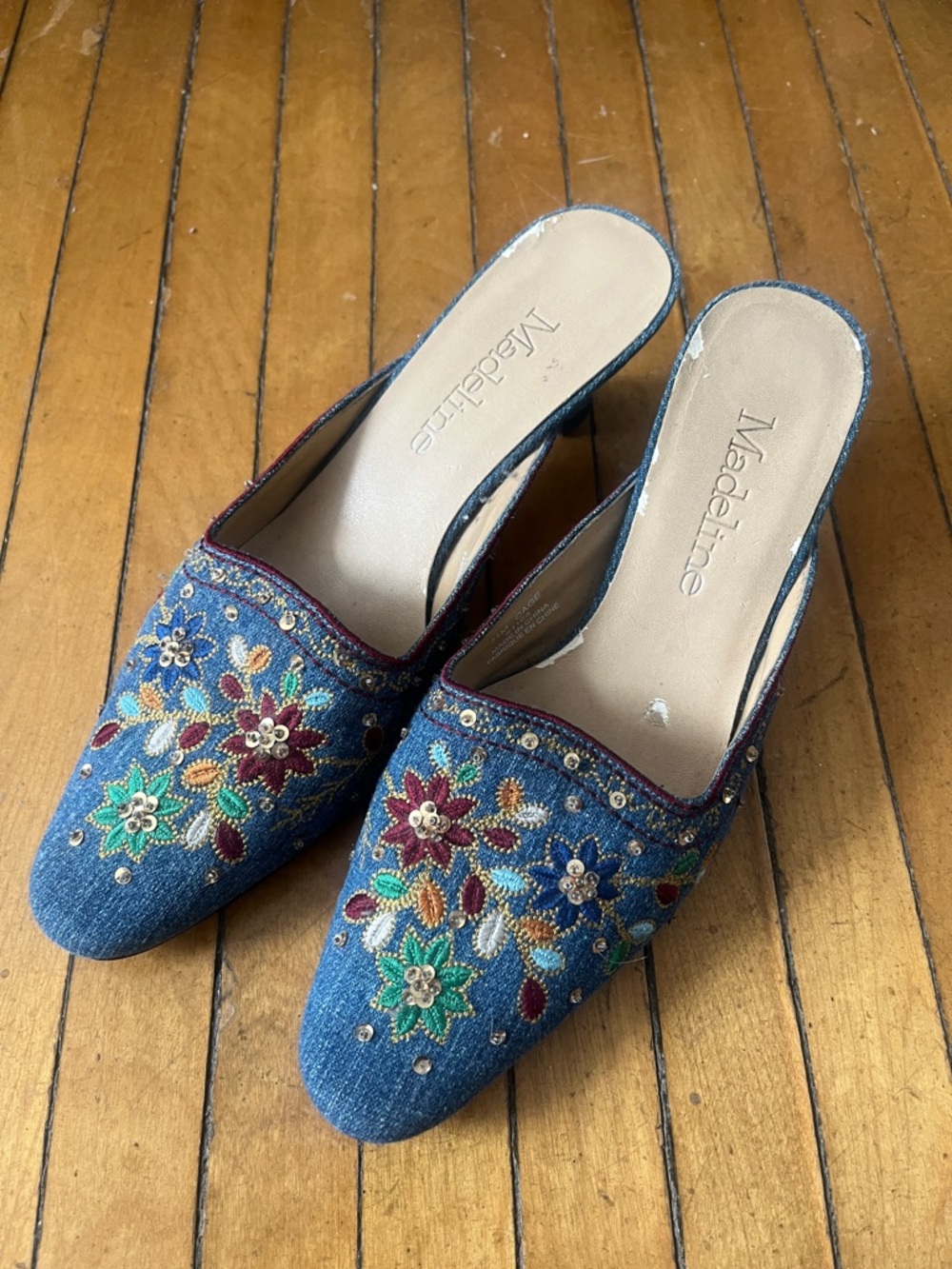 Madeline Denim Blue Embroidered Slip-On Mules